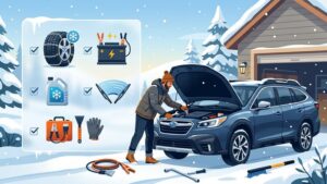 Современная иллюстрация с набором автомобильных запчастей для подготовки машины к зимнему сезону 2026 года