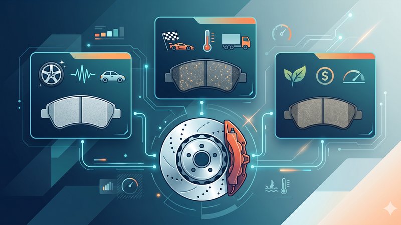 Современная иллюстрация тормозных колодок из различных материалов для статьи о выборе автозапчастей в 2026 году